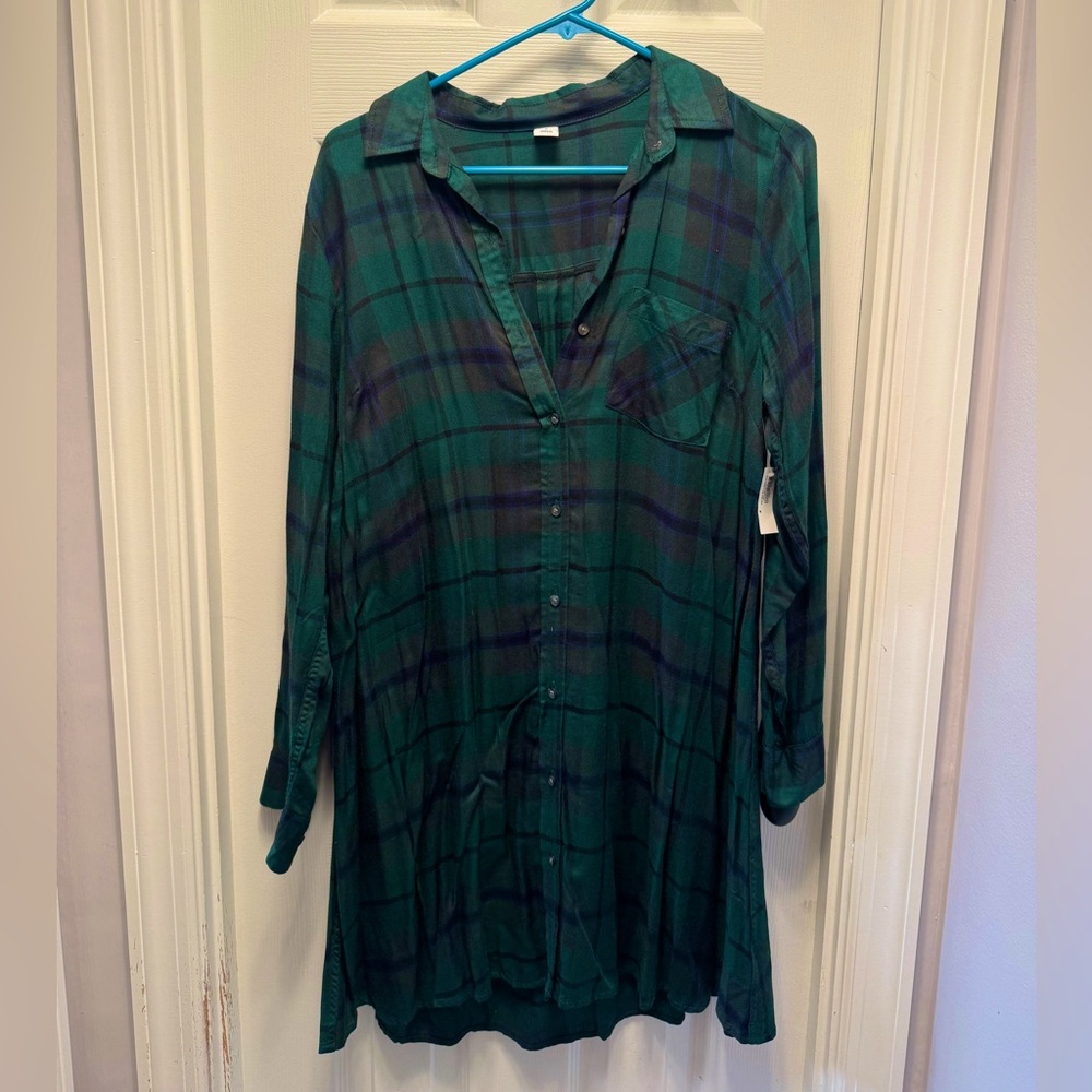 Old Navy Shirt Dress Womens Medium M Blue Green Plaid Button Up NWT